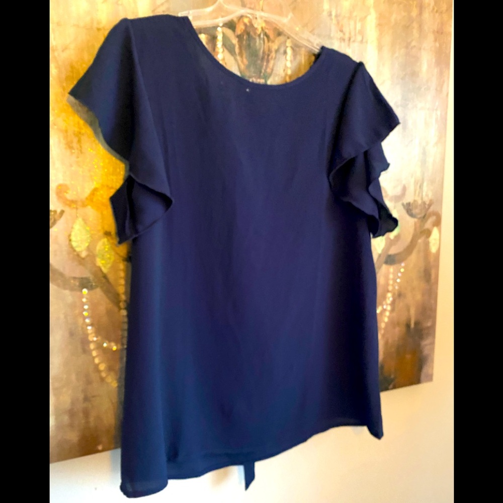 NWOT Navy Flutter Sleeve Back Tie Blouse M